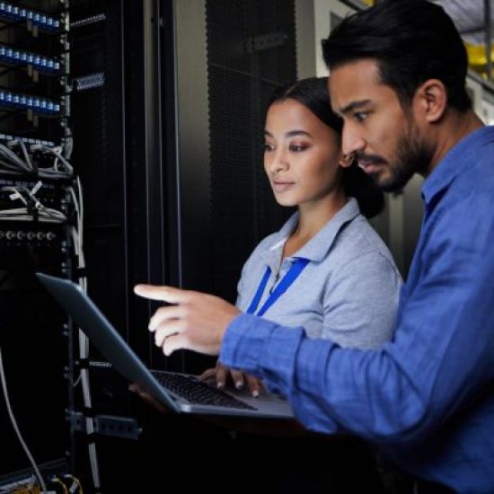 People, maintenance or laptop in server room, IT engineering or software programming ideas in cybersecurity. Repair woman, man or data center technology in teamwork collaboration for safety analytics
