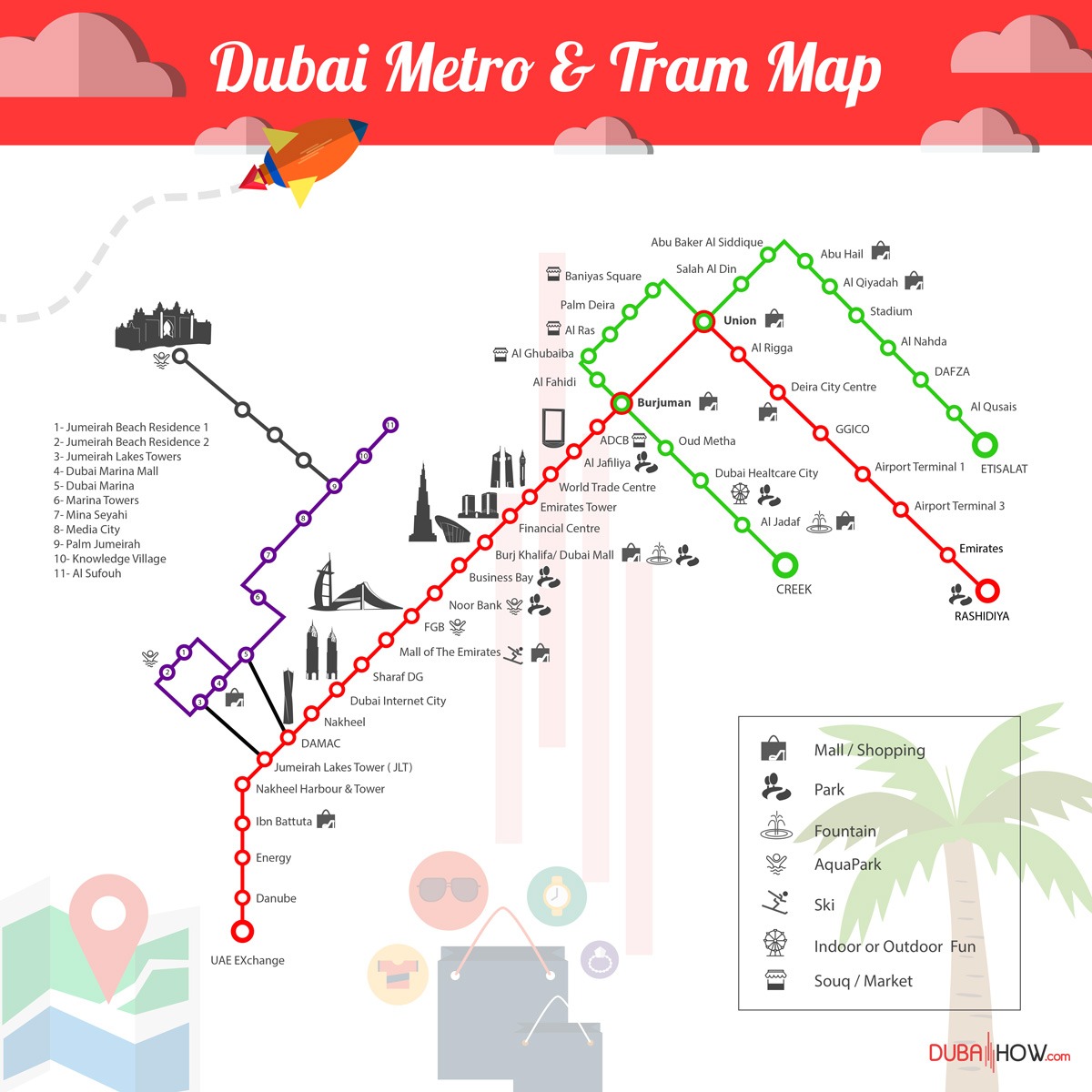 Dubai metro map and tram