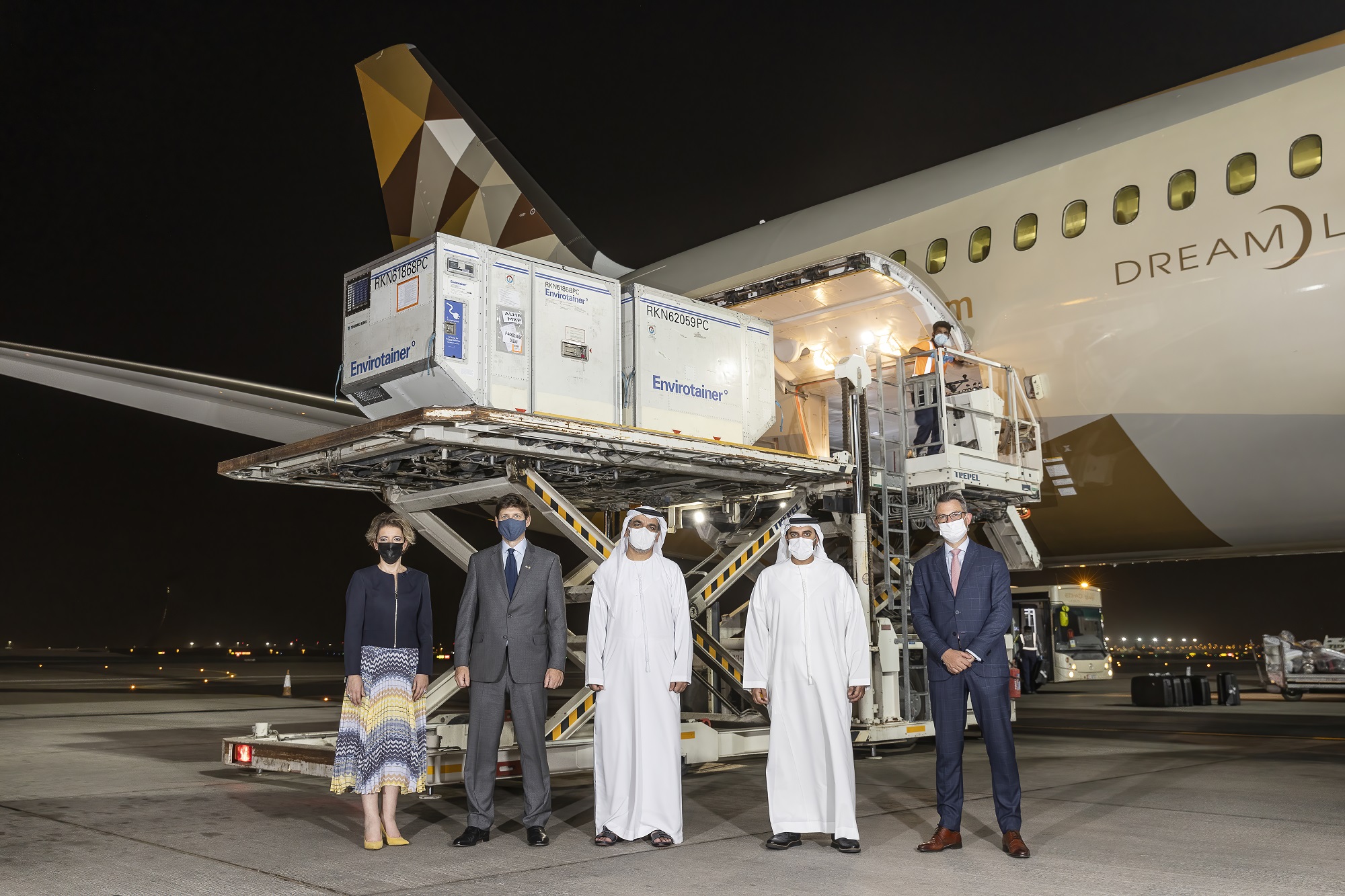 Key Abu Dhabi representatives welcomed the flight carrying the first global shipment of Sotrovimab