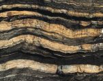 Layers of shale exposed on coastline.