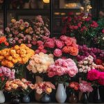 art deco inspired flower shop with bold bouquets of dahlias and chrysanthemums scattered petals on velvet surfaces and a luxurious floral fragrance photo