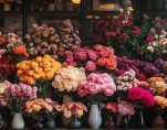 art deco inspired flower shop with bold bouquets of dahlias and chrysanthemums scattered petals on velvet surfaces and a luxurious floral fragrance photo