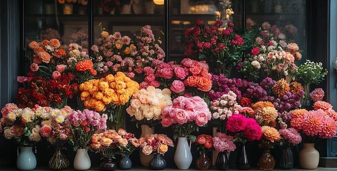 art deco inspired flower shop with bold bouquets of dahlias and chrysanthemums scattered petals on velvet surfaces and a luxurious floral fragrance photo